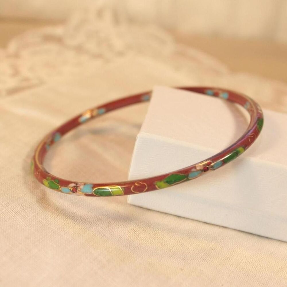 Vintage Red Closionné Floral Dainty Bangle - Wear and Blemishes